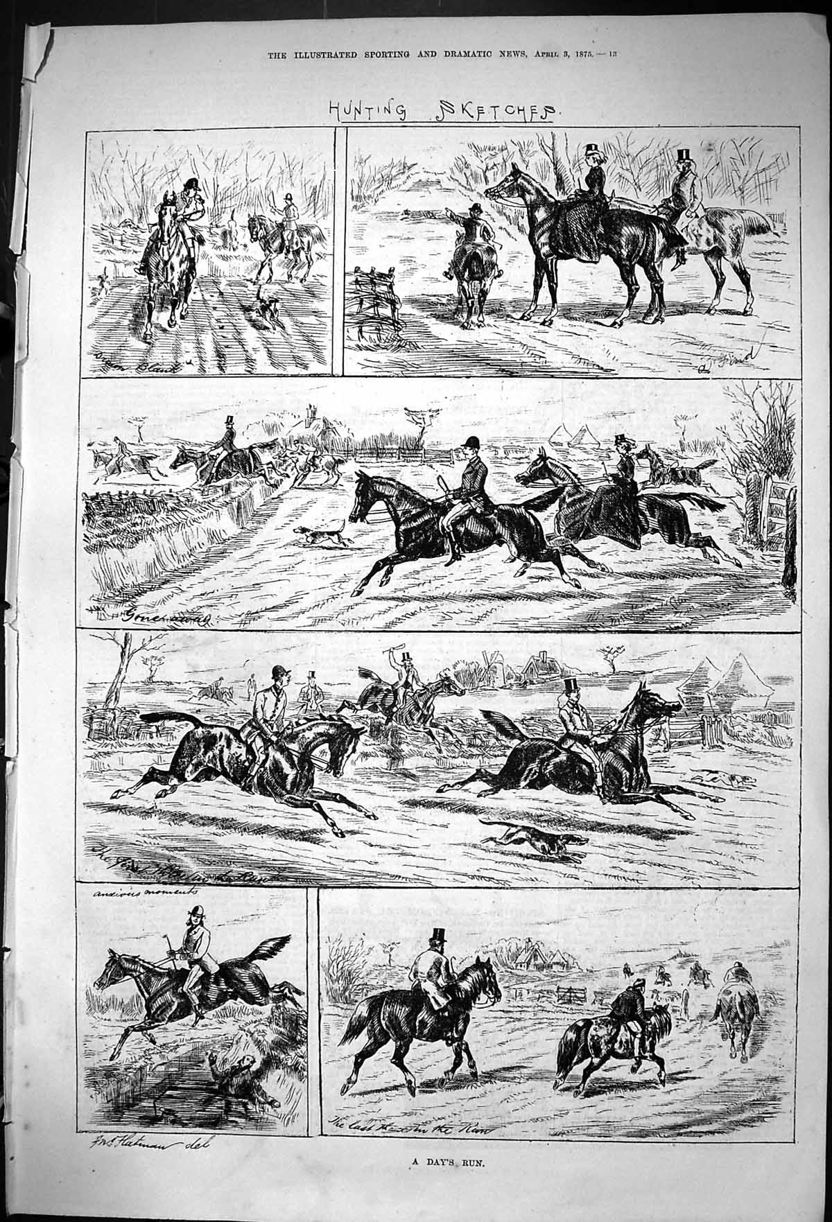 Original Old Antique Print 1875 Day'S Run Hunting Horses Hounds Sport Huntsmen