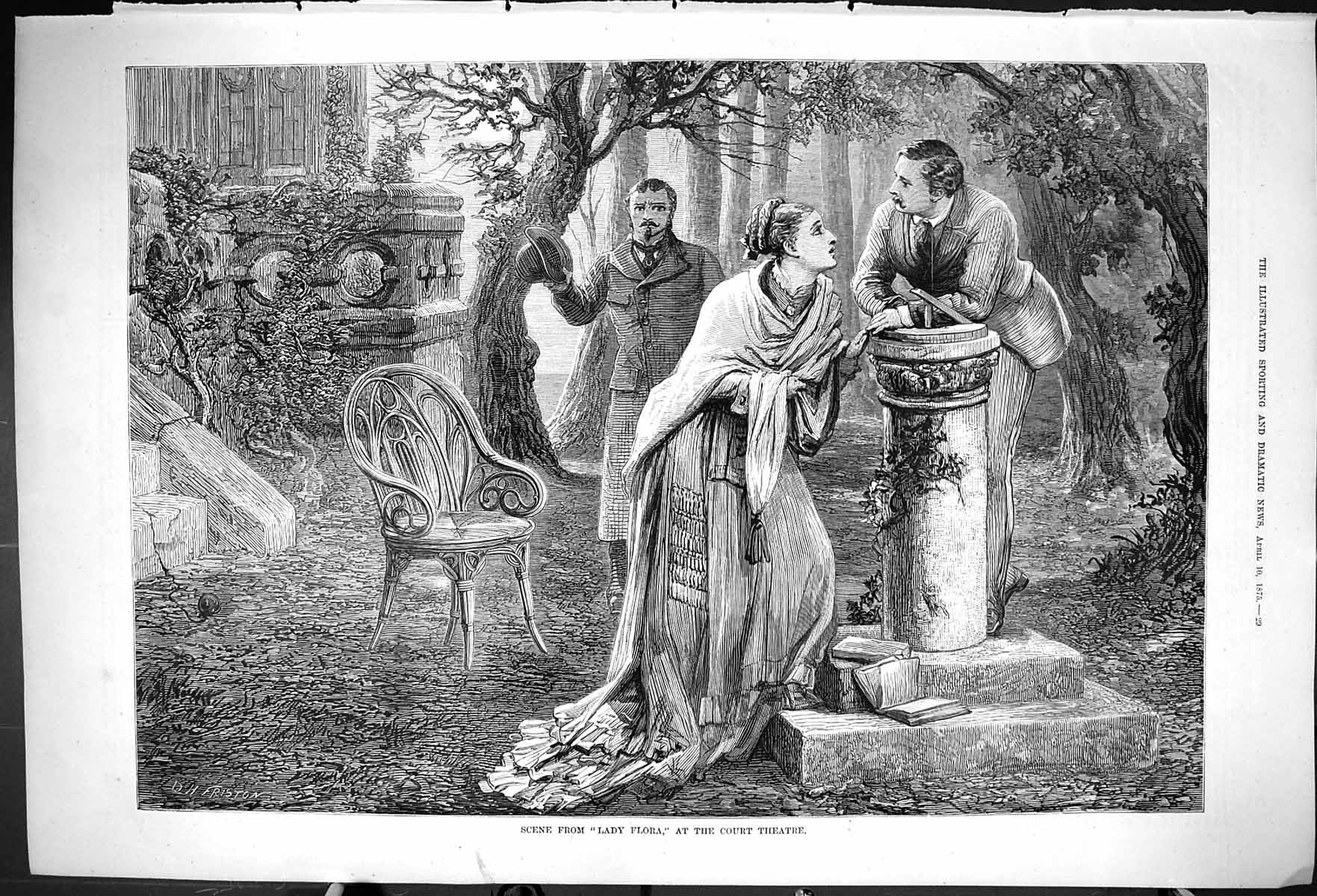 Original Old Antique Print 1875 Scene Lady Flora Court Theatre Romance 19th
