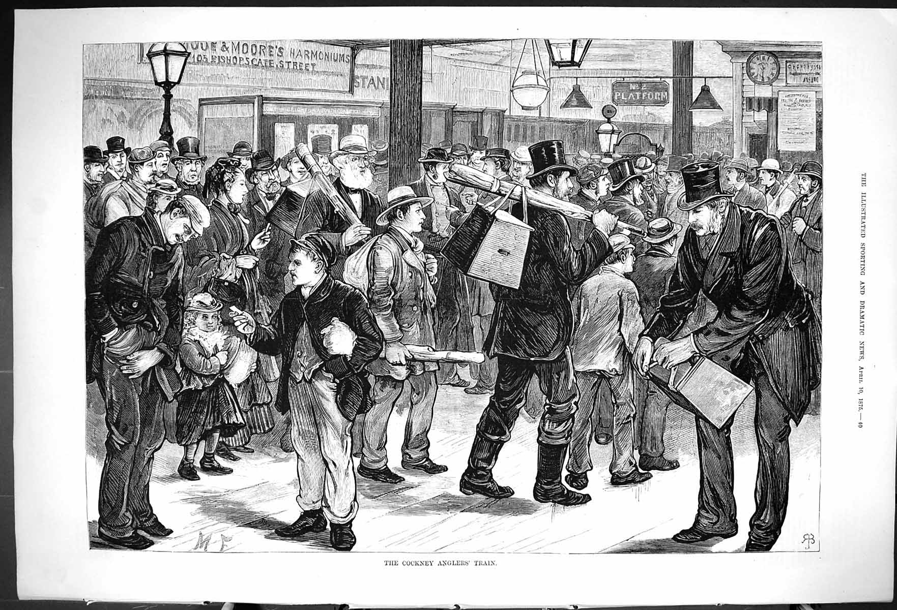 Original Old Antique Print 1875 Cockney Anglers Train Railway Station Fishermen