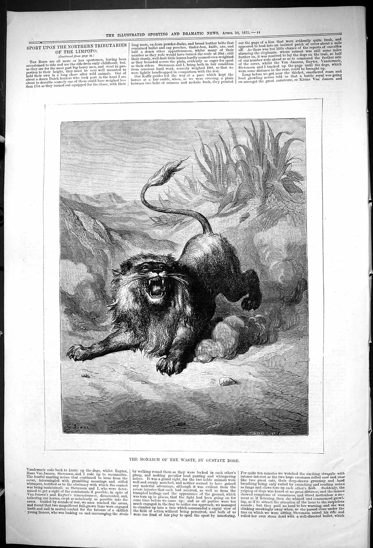 Antique Old Print 1875 Monarch Waste Gustave Dore Lion Tigers Hunting Sport