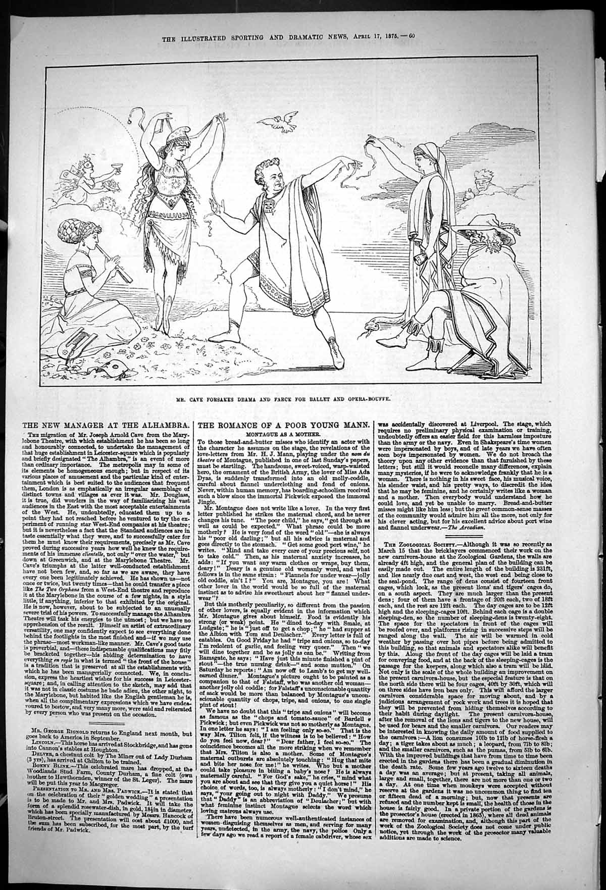 Original Old Antique Print 1875 Mr Cave Drama Farce Ballet Opera Bouffe Theatre