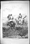 Original Old Antique Print 1875 Horses Jumping Match Over Hurdles Jockeys Sport