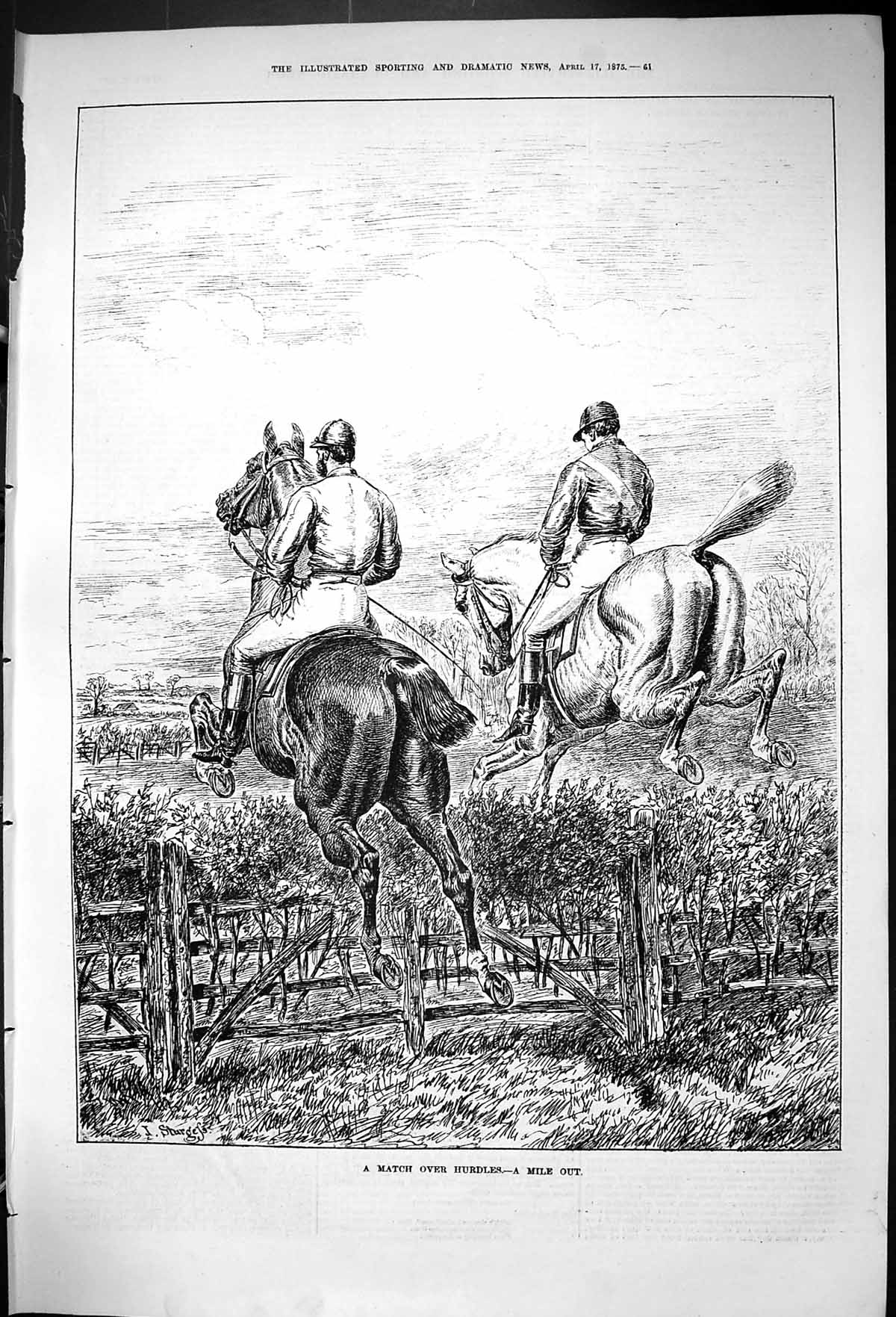 Original Old Antique Print 1875 Horses Jumping Match Over Hurdles Jockeys Sport