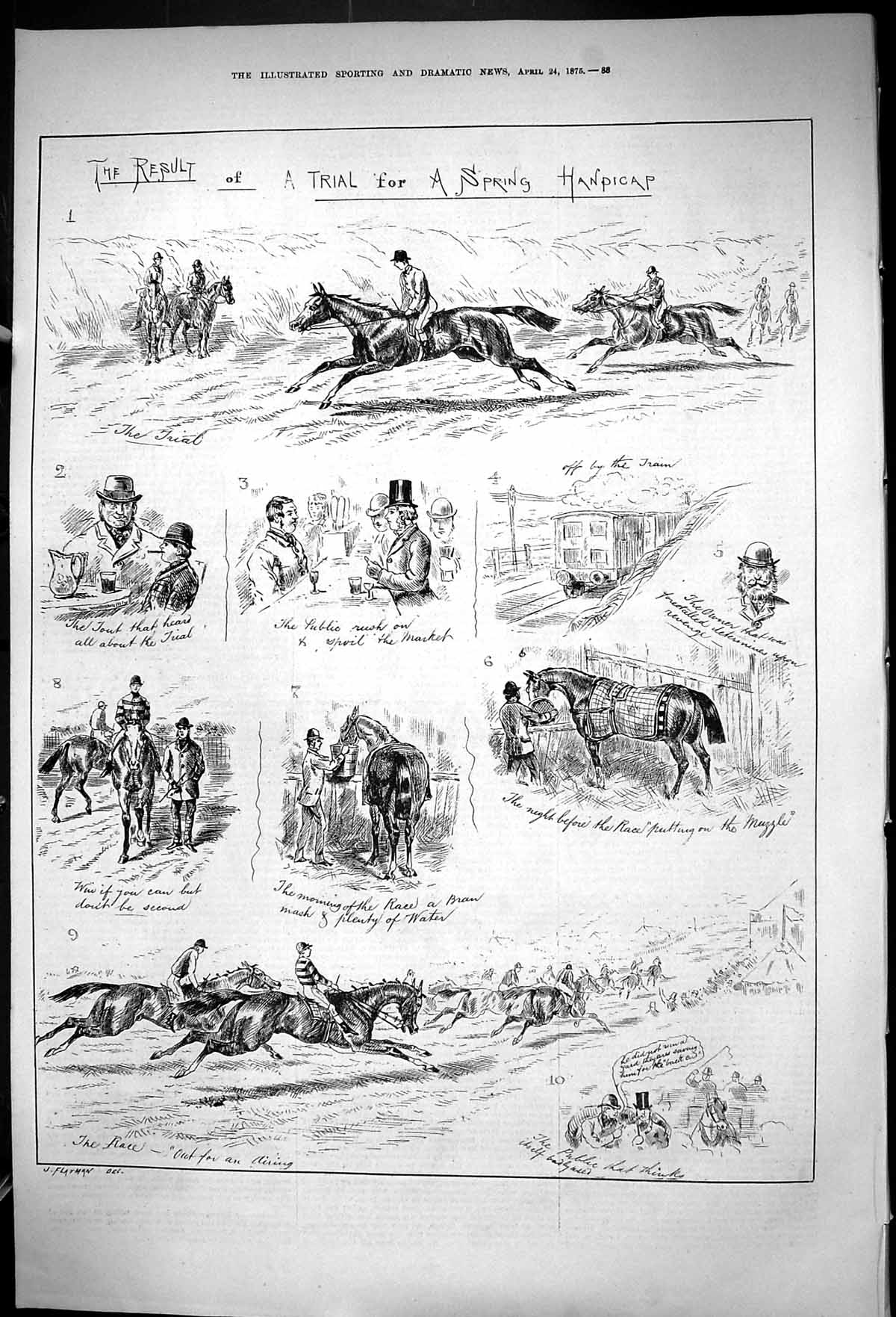 Antique Print 1875 Horse Racing Trial Spring Handicap Jockeys Railway Train