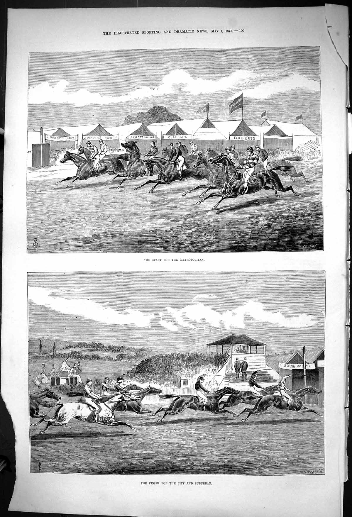 Antique Old Print 1875 Metropolitan Horse Racing Sport Jockeys City Suburban