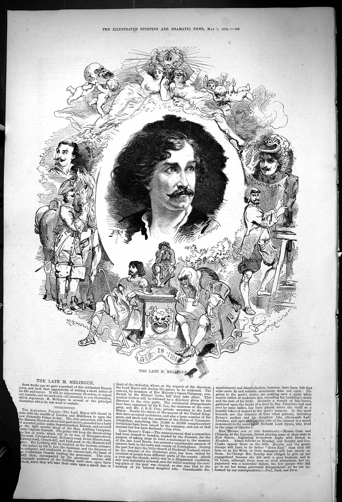 Original Old Antique Print Portrait Melingue Celebrated French Actor 1875 19th