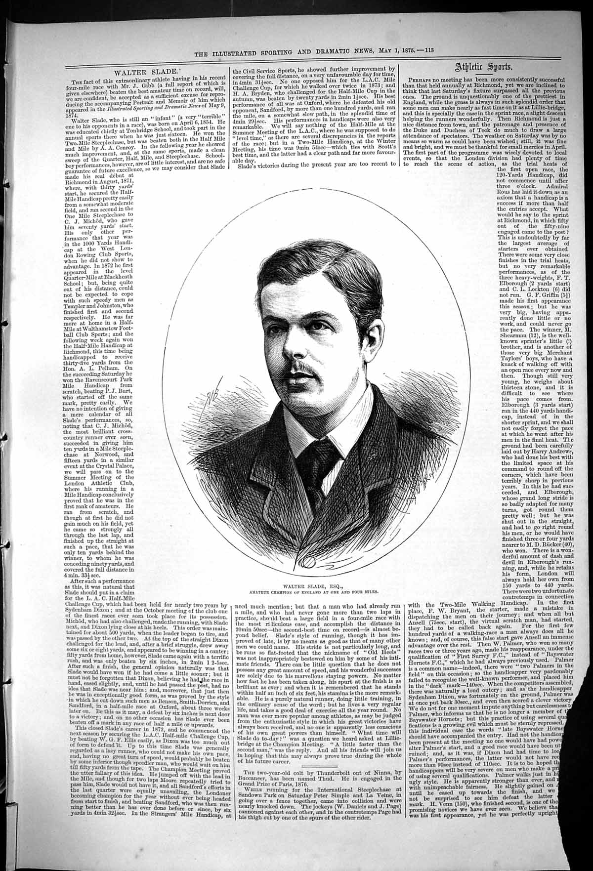 Old 1875 Portrait Walter Slade Champion England One Four Miles Sport Victorian