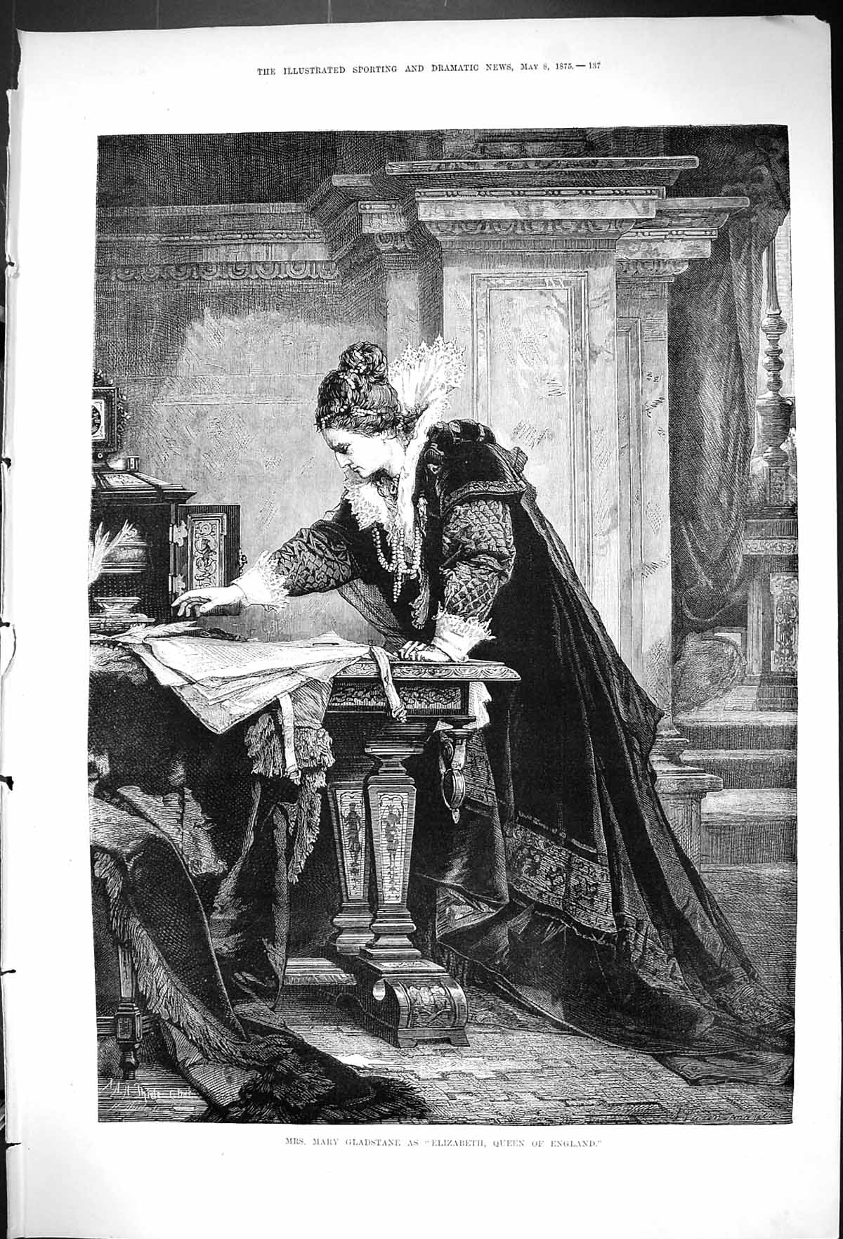 Old Antique Print 1875 Mrs Mary Gladstane Elizabeth Queen England Theatre 19th