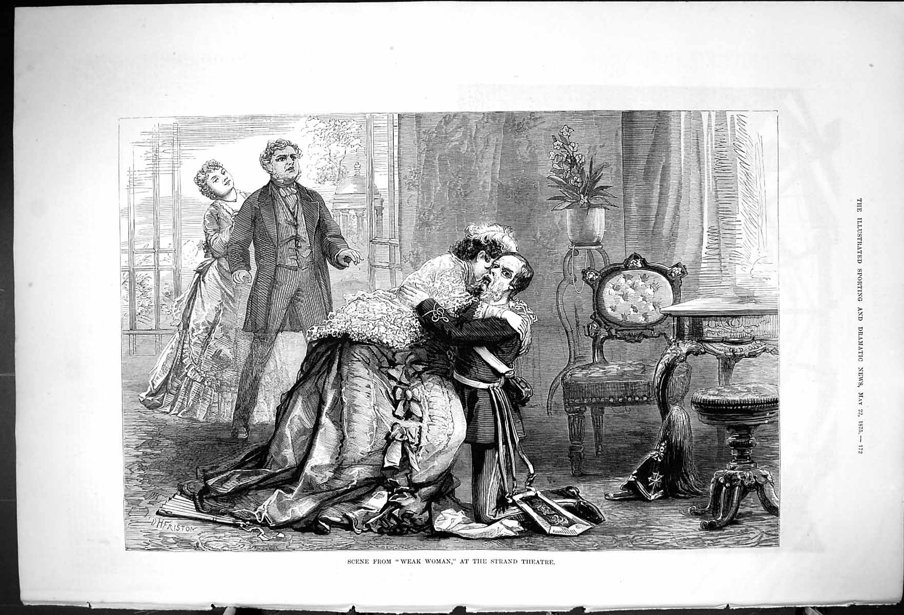 Original Old Antique Print 1875 Scene Weak Woman Strand Theatre Actors Actress