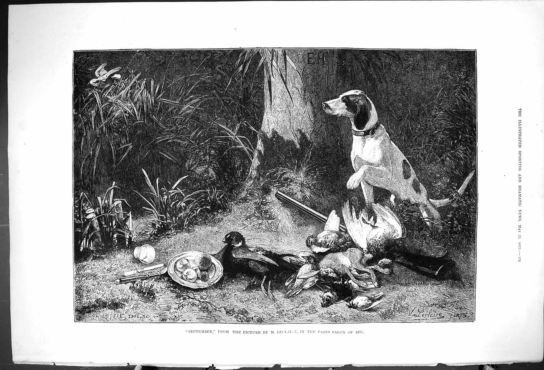 Antique Old Print 1875 Hunting September Dead Birds Hound Dog Country Scene