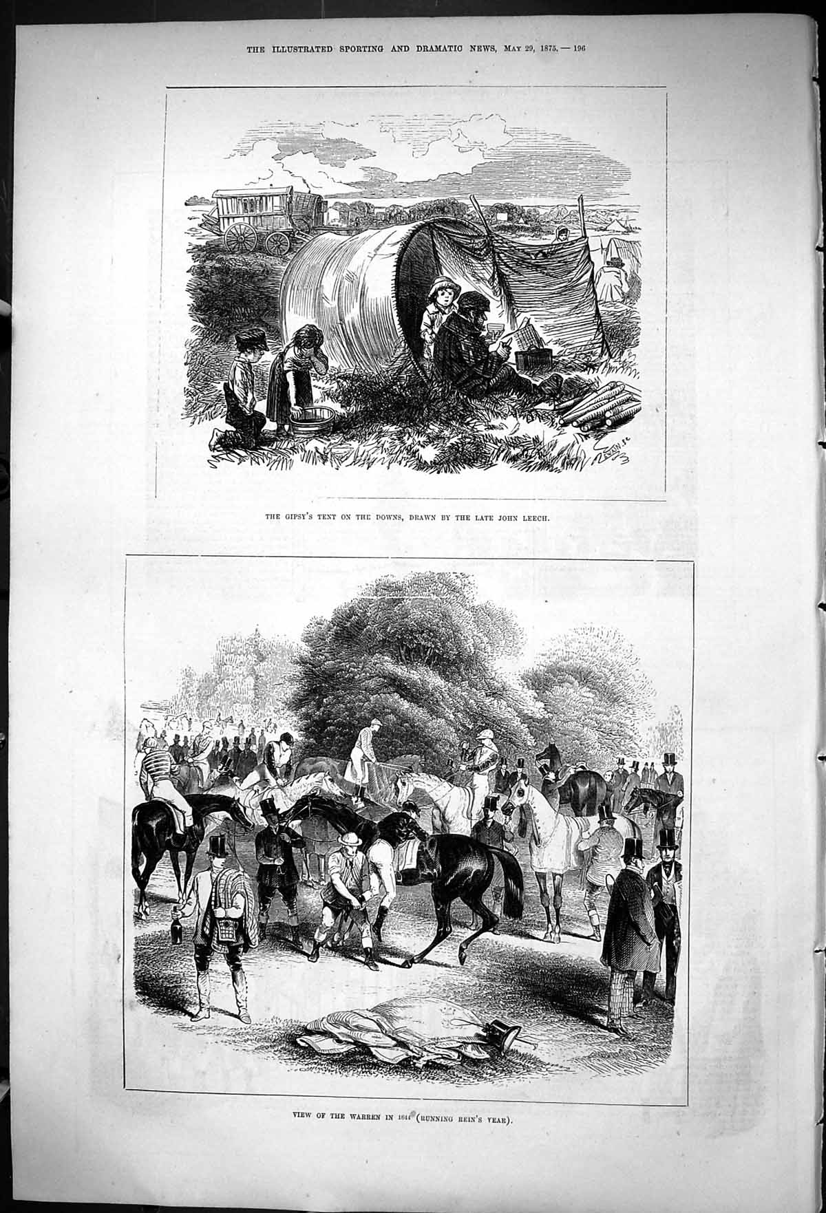 Old Print 1875 Gipsy Tent Downs Children Camp Horses Warren Running Rein 19th