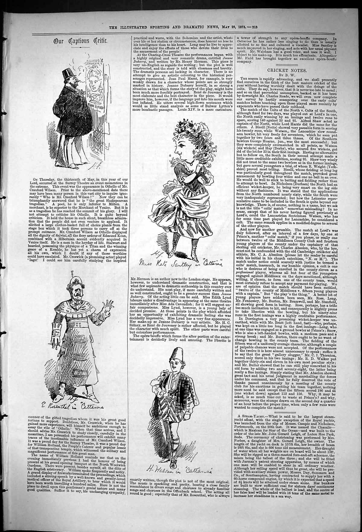 Original Old Antique Print Theatre Captious Critic Kate Stanley Actors 1875