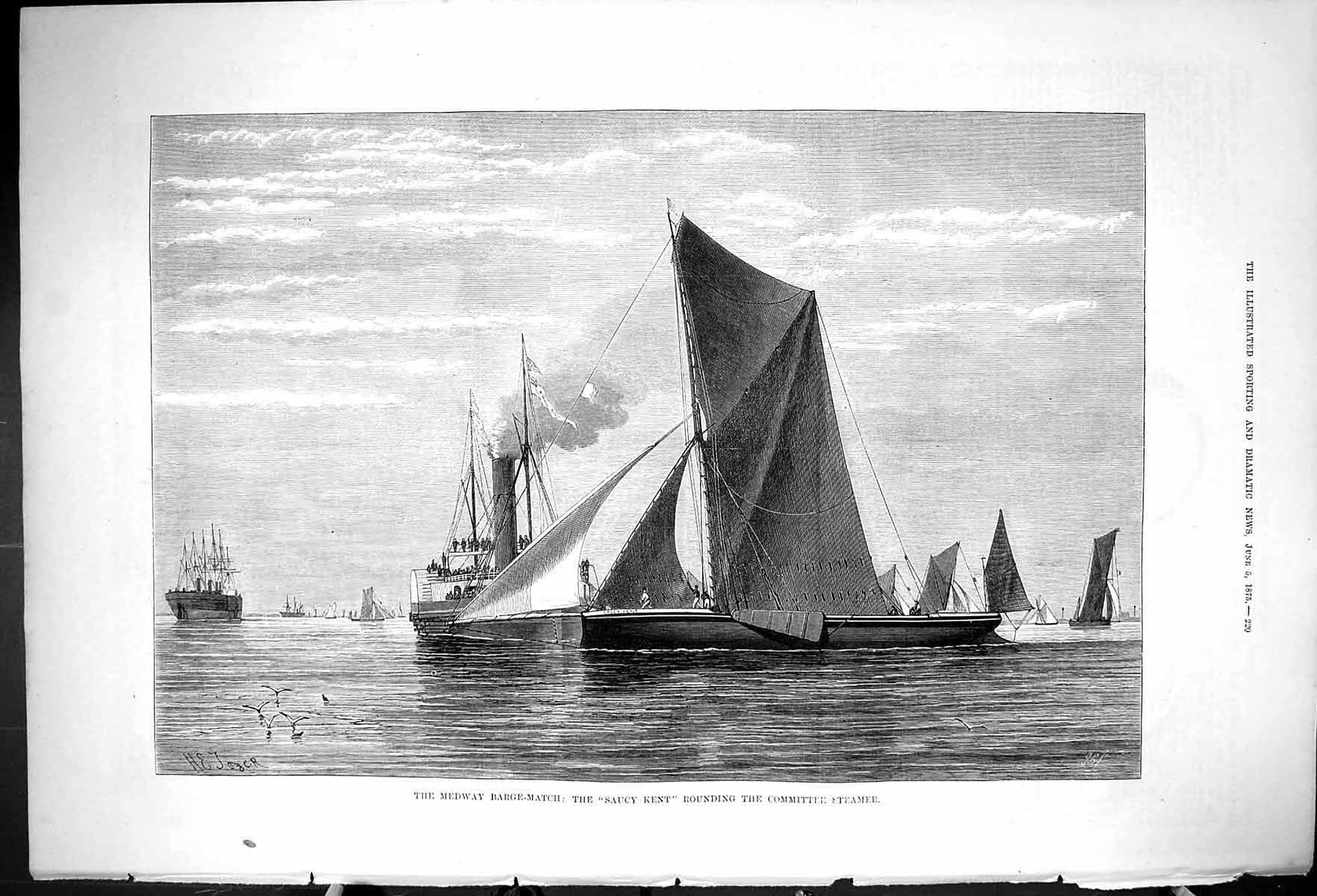 Antique Old Print 1875 Medway Barge-Match Saucy Ken Committee Steamer Yachts