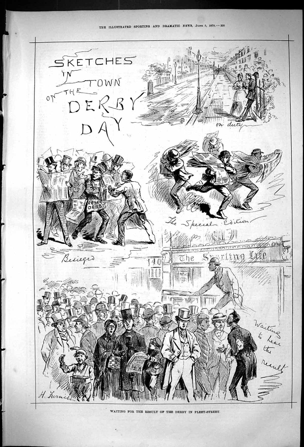 Old Print 1875 Derby Horse Racing Sport Fleet Street Scene Waiting Result 19th