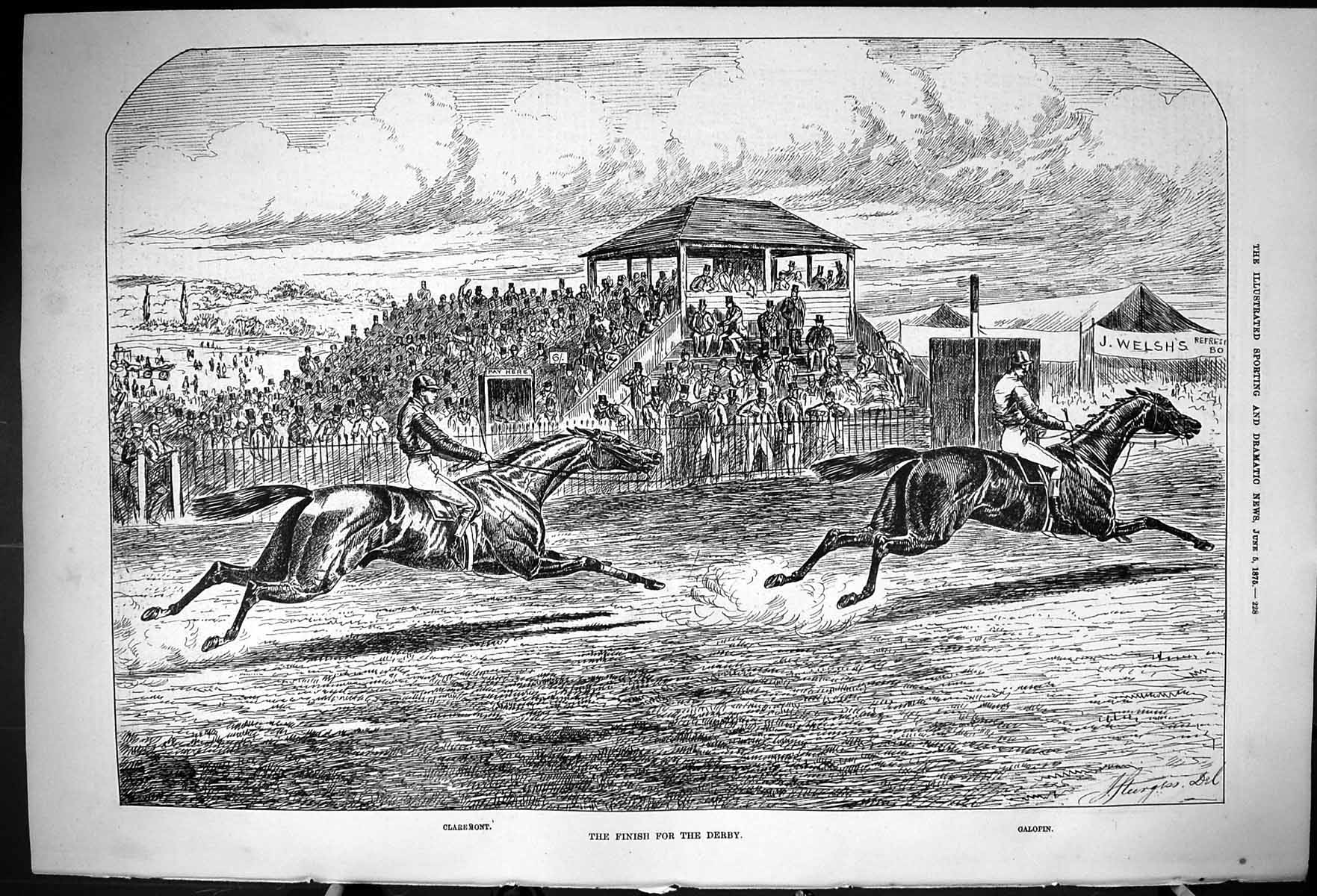 Old Antique Print 1875 Derby Horse Racing Claremont Galopin Jockeys Sport 19th