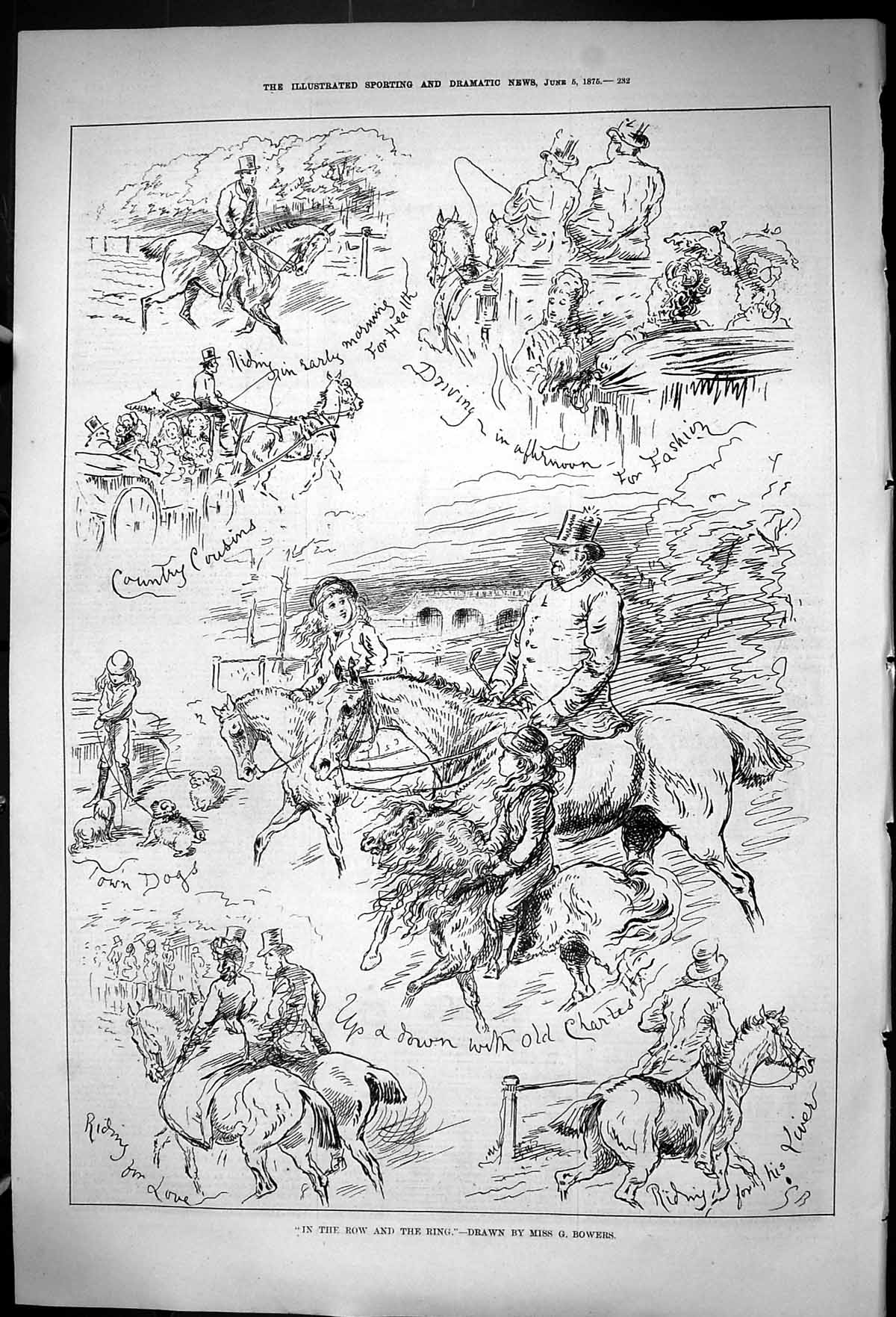 Antique Old Print 1875 Row And Ring Horses Driving Hunting Children Ponies 19th