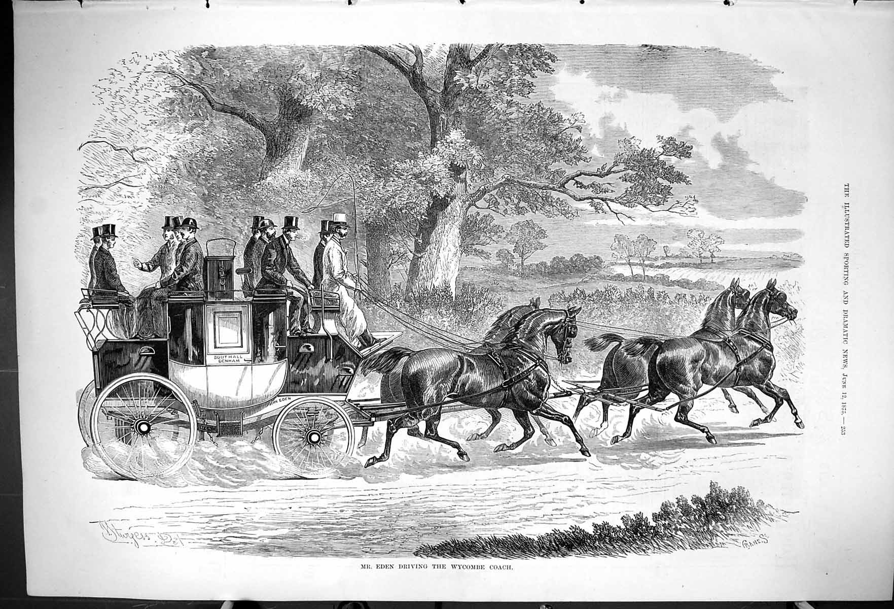 Antique Print 1875 Mr Eden Driving Coach Wycombe Southall Denham Transport 19th