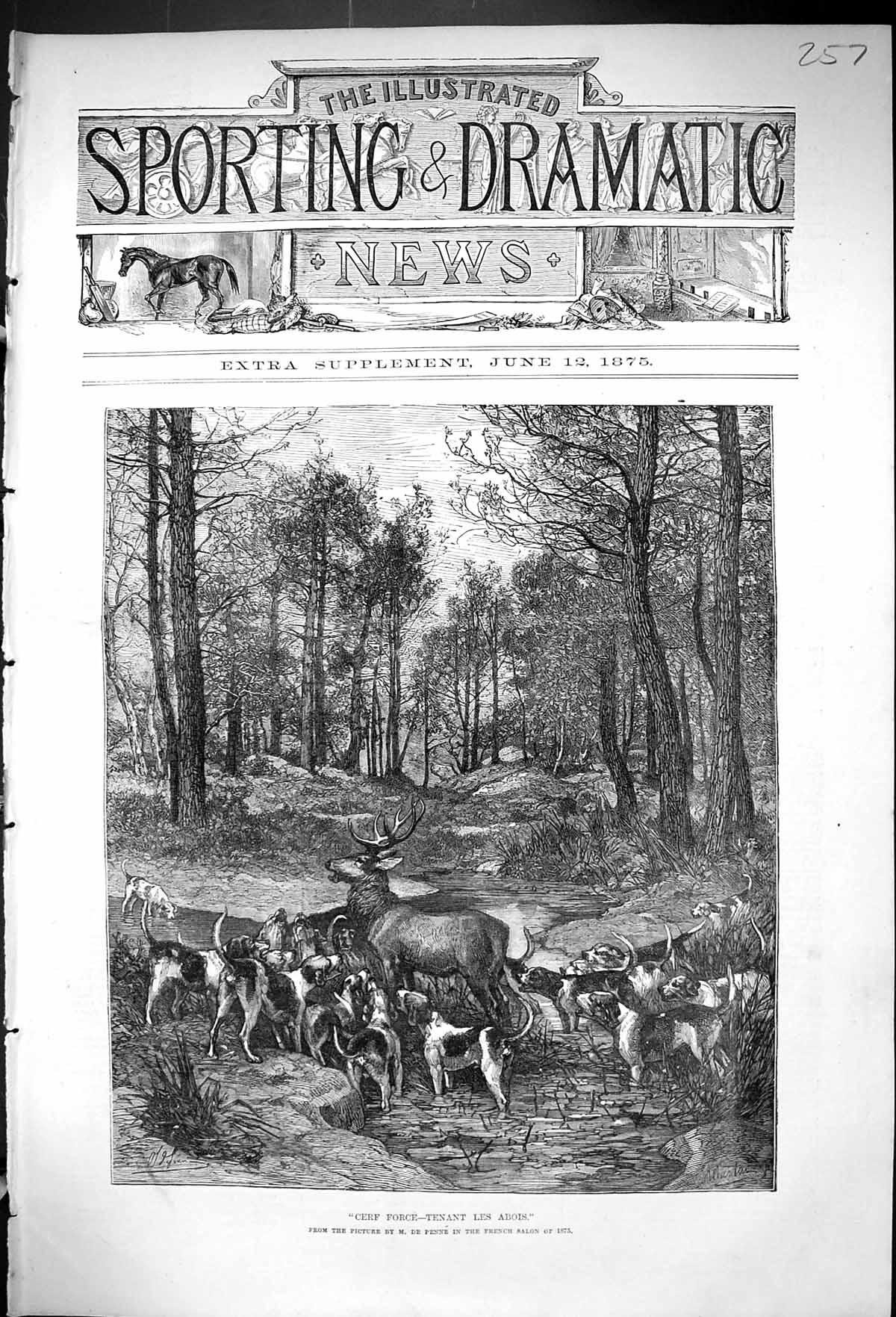 Old Print 1875 Cerf Force Tenant Le Abois Deer Hunting Hounds Dogs Sport 19th