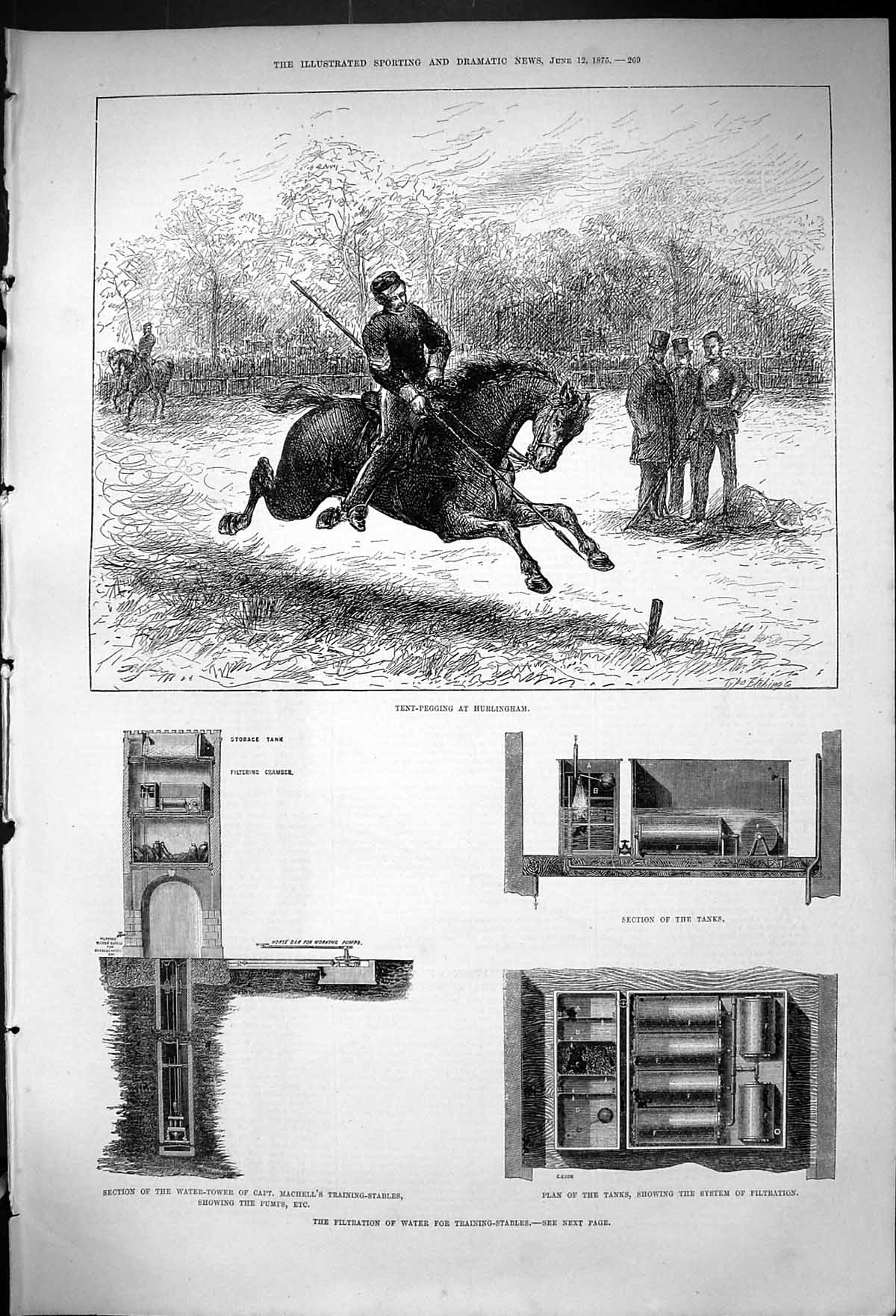 Old 1875 Horses Sport Tent Pegging Hurlingham Water Filtration Traini Victorian