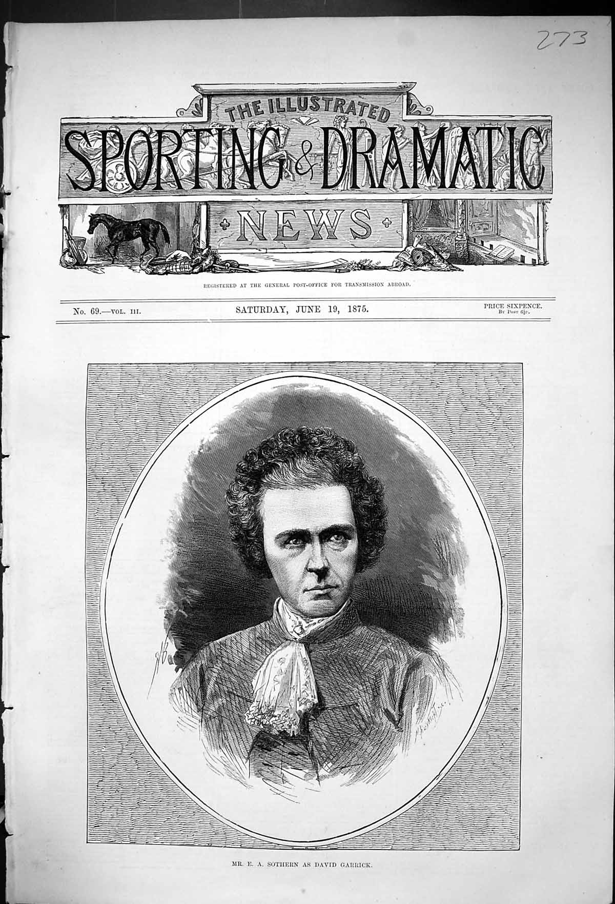 Original Old Antique Print 1875 Portrait Mr Sothern David Garrick Theatre Actor