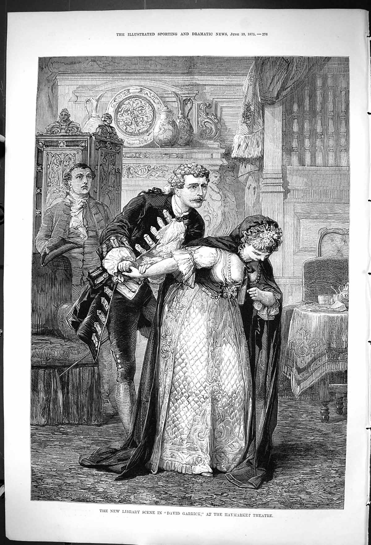 Antique Old Print 1875 Library Scene David Garrick Haymarket Theatre Actors