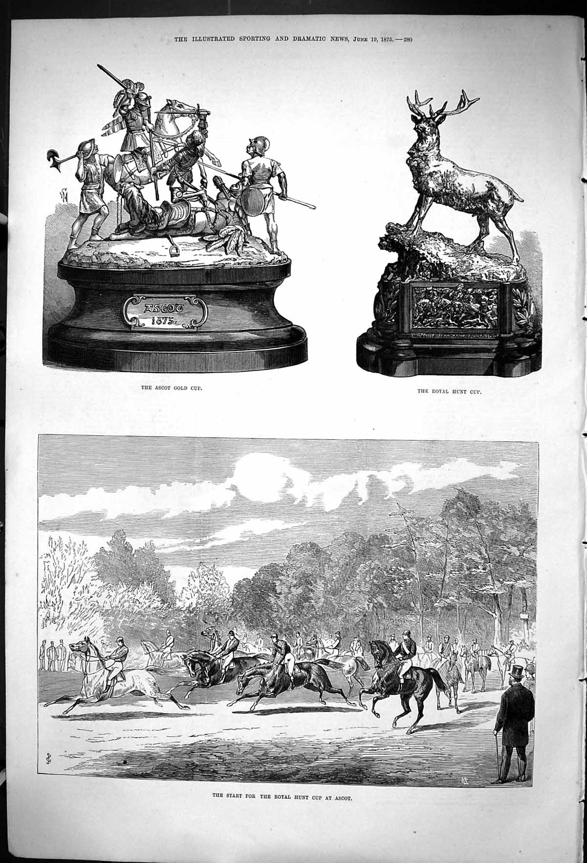 Antique Old Print 1875 Ascot GCup Royal Hunt Prize Horse Racing Sport Jockeys