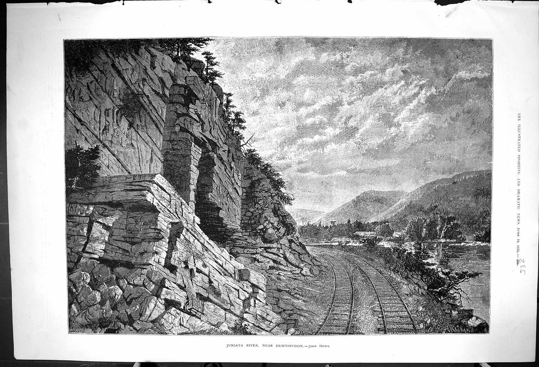 Antique Old Print 1875 View Juniata River Huntingdon Railway Track Mountains