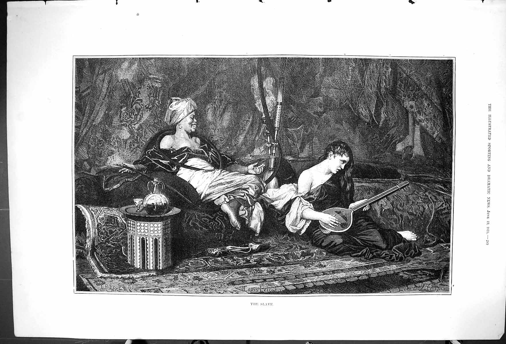 Original Old Antique Print 1875 Slave Man Beautiful Woman Music Instrument 19th