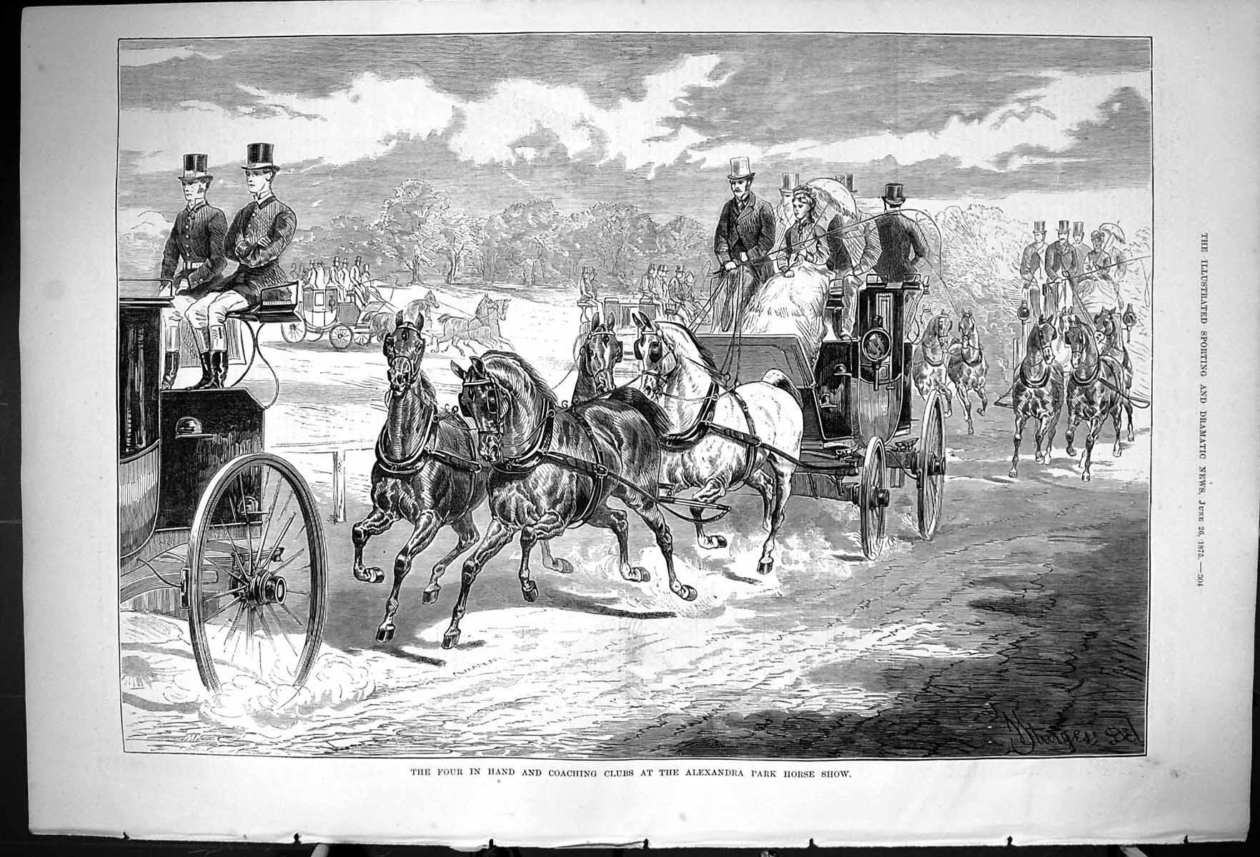 Antique Old Print 1875 Four In Hand Coaching Clubs Alexandra Park Horse Show