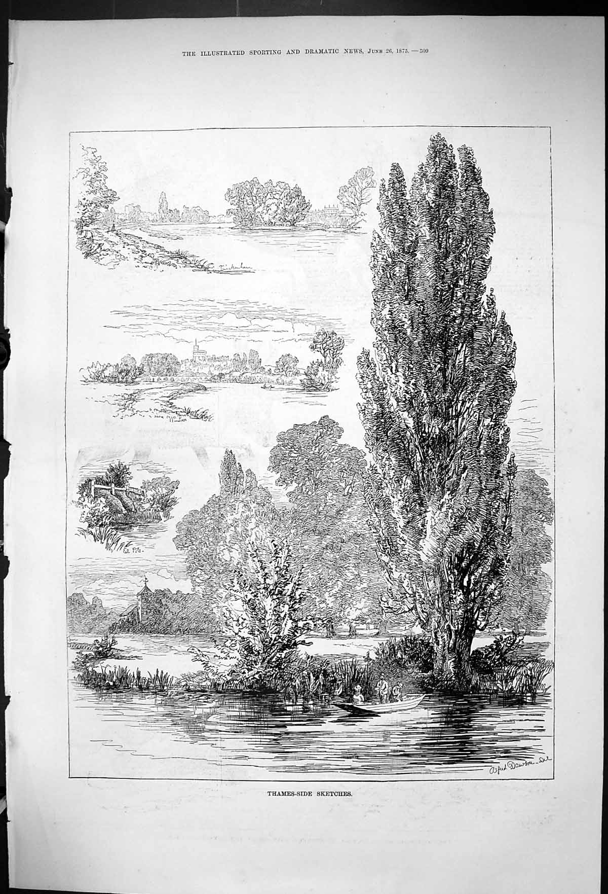 Original Old Antique Print 1875 River Thames London Sketches Boat Romance Trees