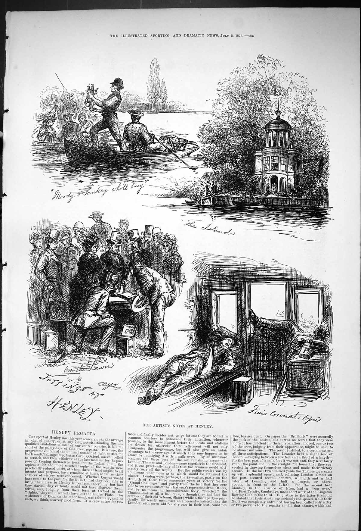 Original Old Antique Print 1875 Henley Regatta Boat Race Moody Sankey Sport
