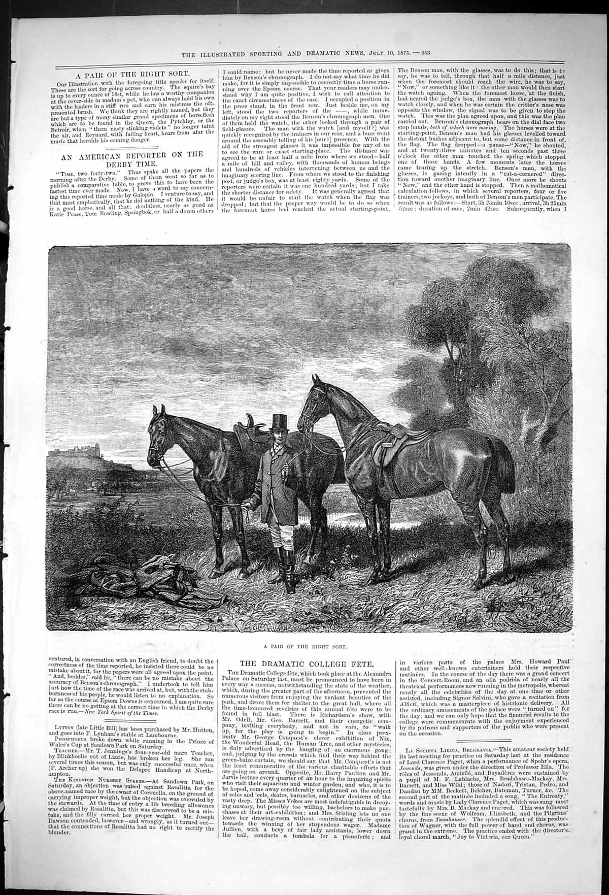 Original Old Antique Print 1875 Pair Right Sort Horses Hunting Huntsman Sport