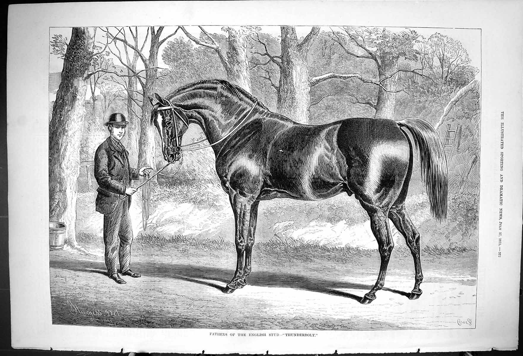 Original Old Antique Print 1875 Fathers Enlgish Stud Horse Thunderbolt Trainer