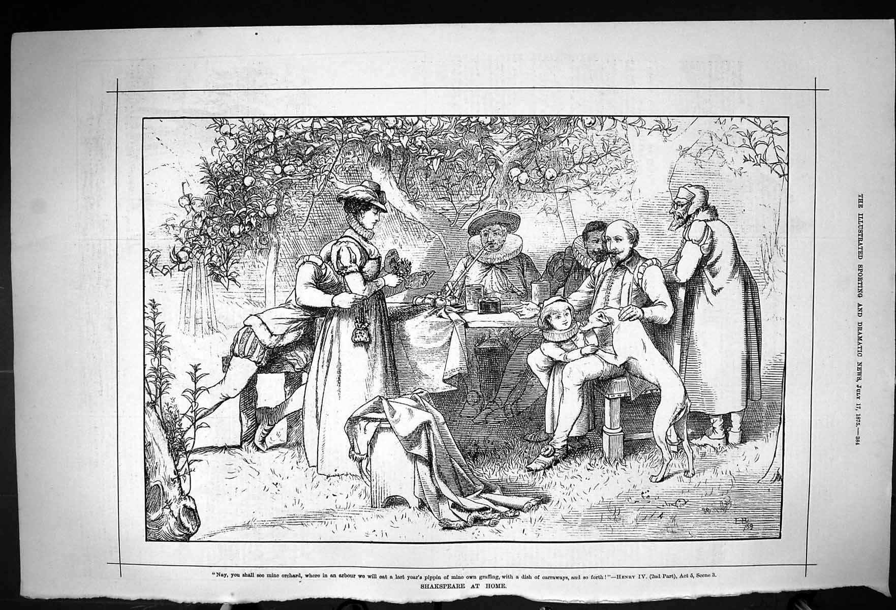 Original Old Antique Print 1875 William Shakespeare Home Garden Scene Picnic