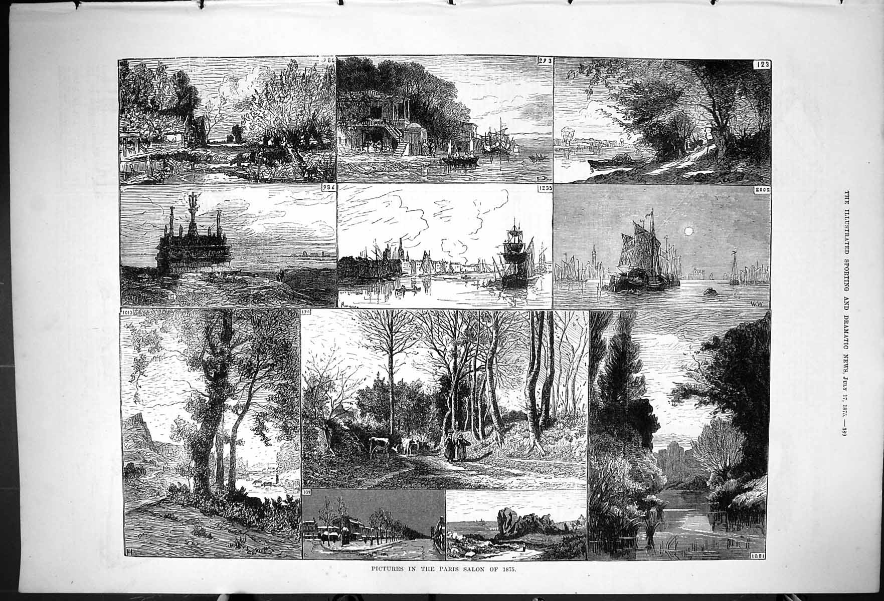 Original Old Antique Print 1875 Art Pictures Paris Salon Landscape Ships Trees