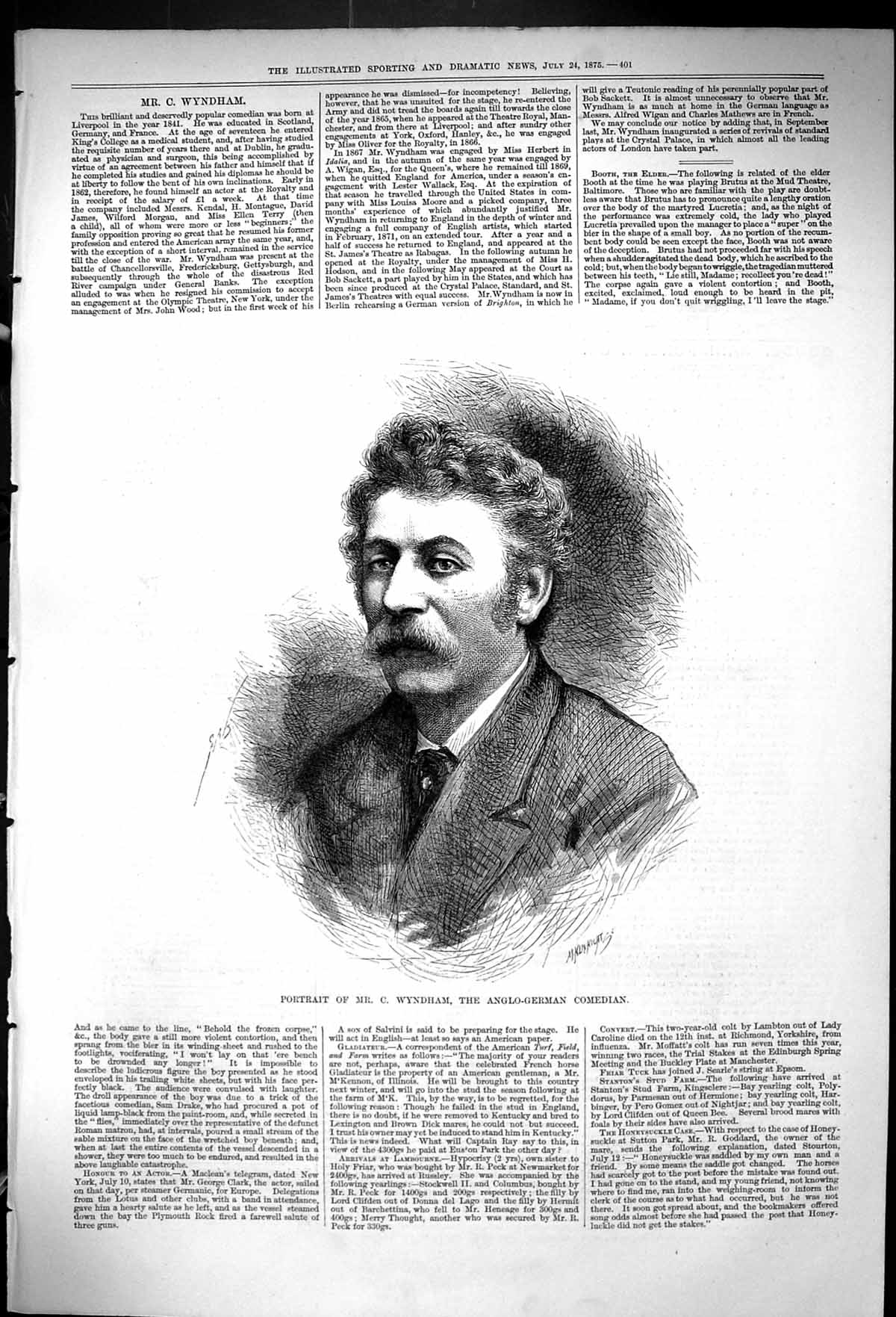 Original Old Antique Print Portrait Mr Wyndham Anglo-German Comedian 1875 19th