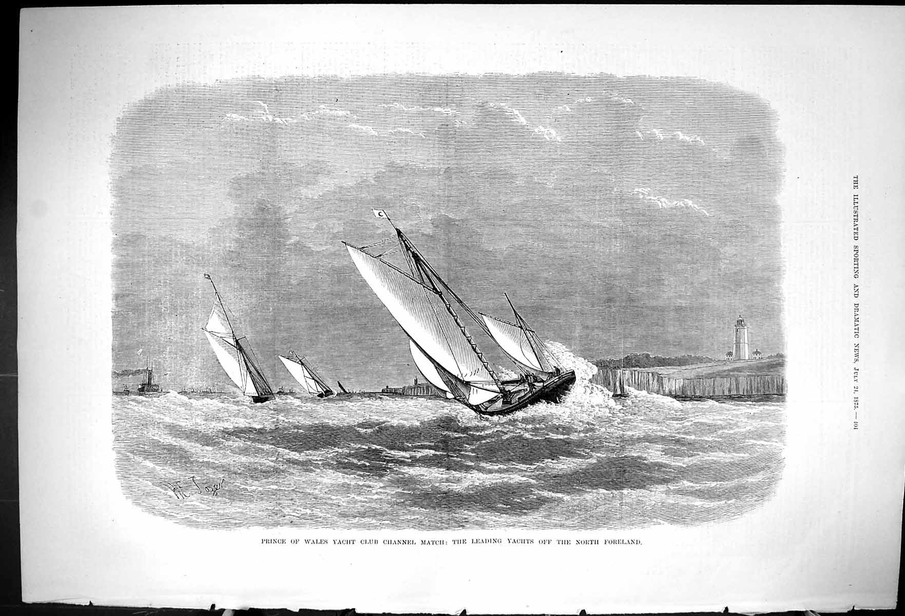 Antique Old Print 1875 Prince Wales Yacht Club Channel Match North Foreland