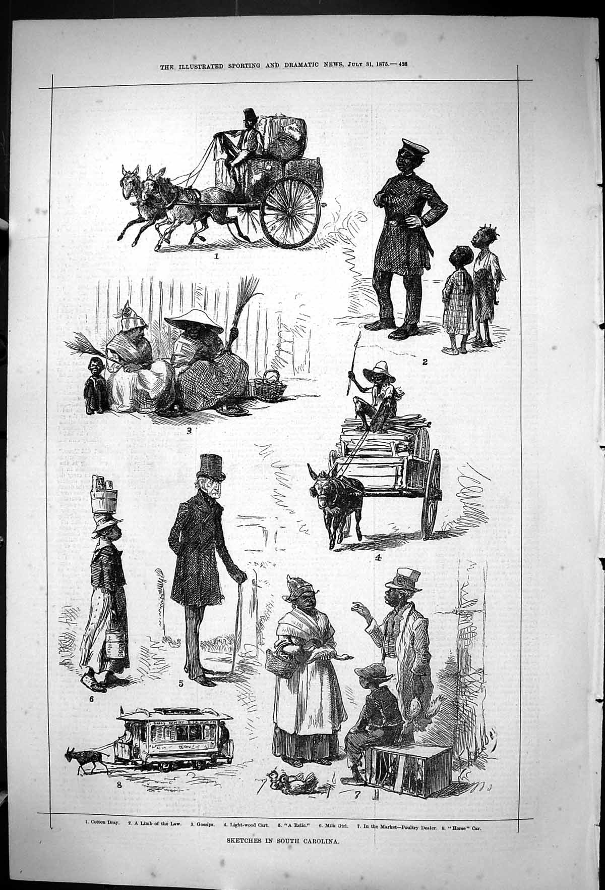 Antique Old Print 1875 South Carolina Cotton Dray Milk Girl Market Poultry 19th
