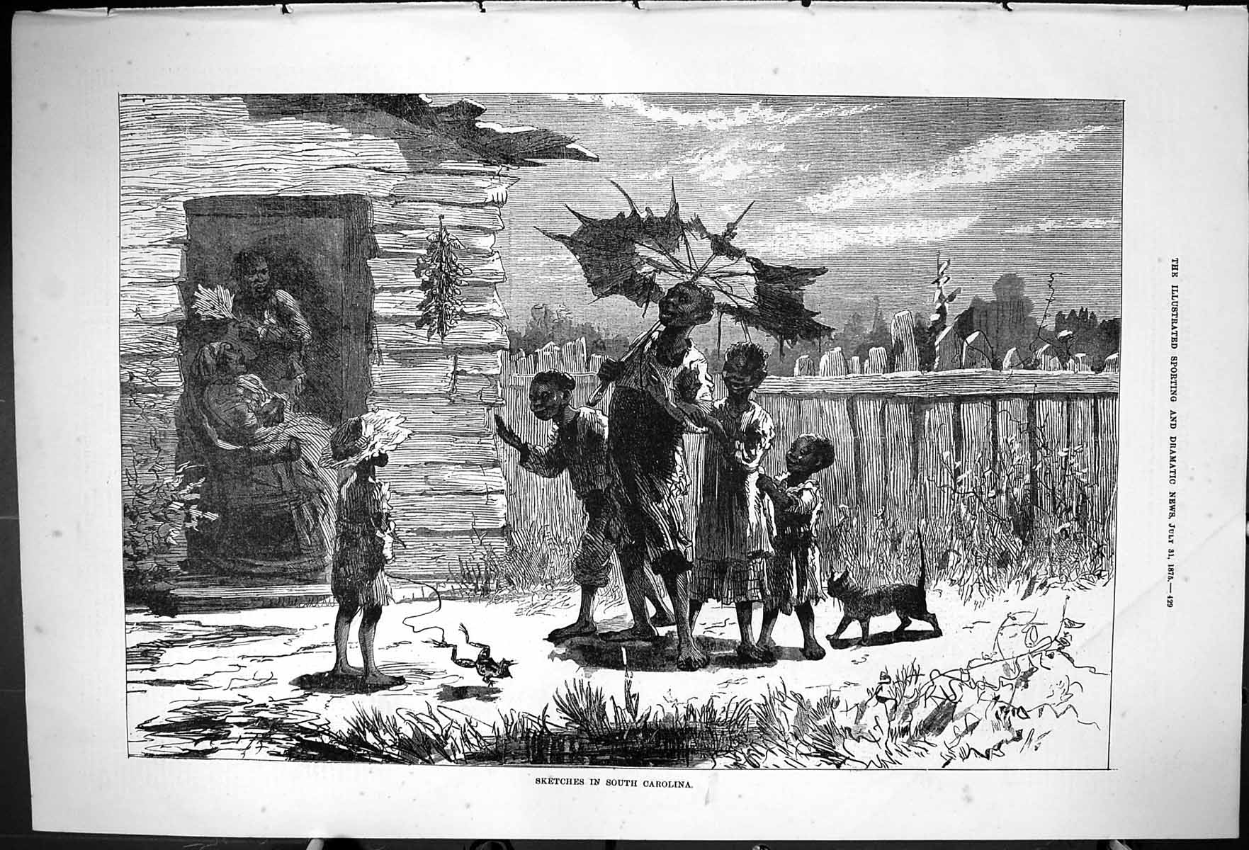 Original Old Antique Print 1875 Poor Native People South Carolina America 19th
