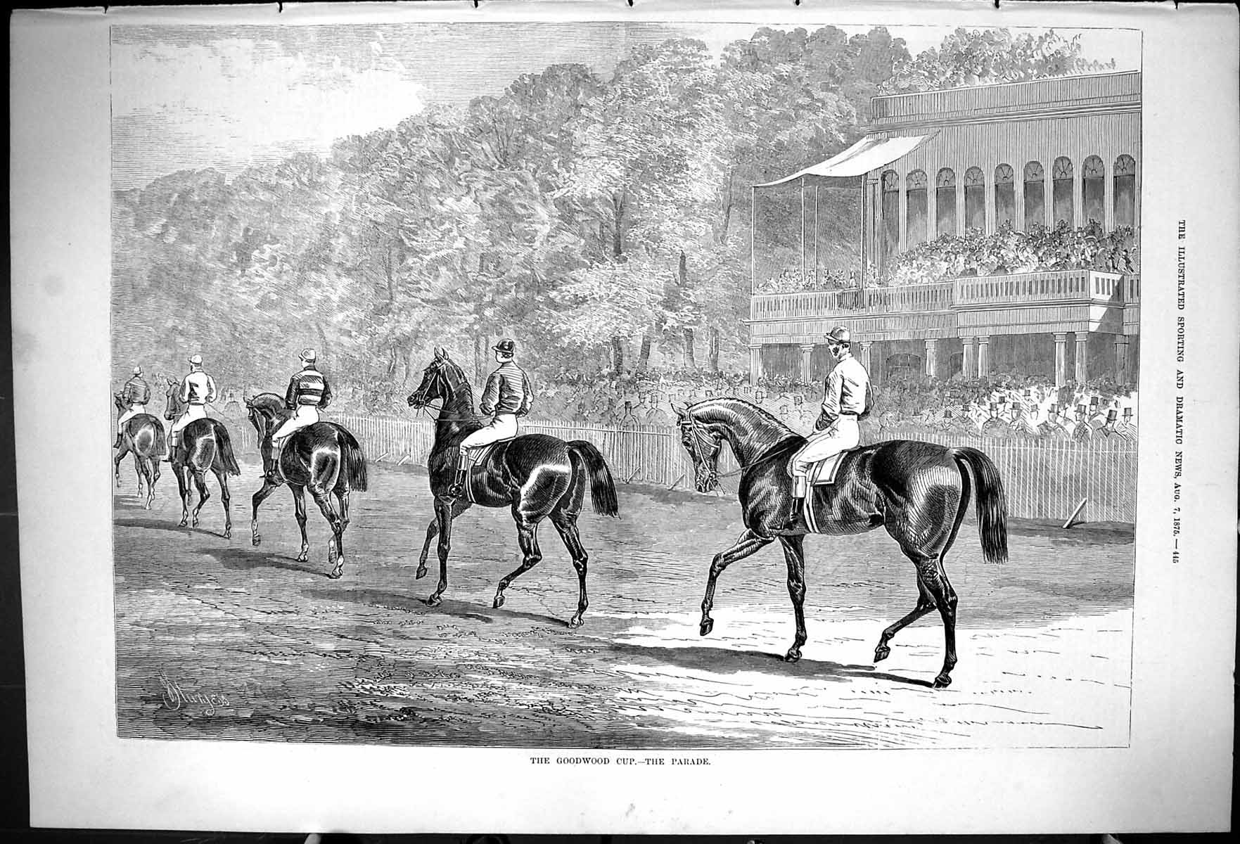 Original Old Antique Print 1875 Goodwood Horse Racing Jockeys Parade Sport 19th
