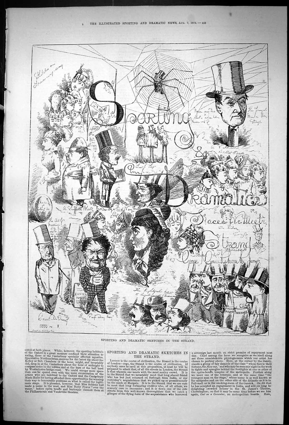 Old Antique Print 1875 Sporting Dramatic News Strand Spiders Web Theatre 19th