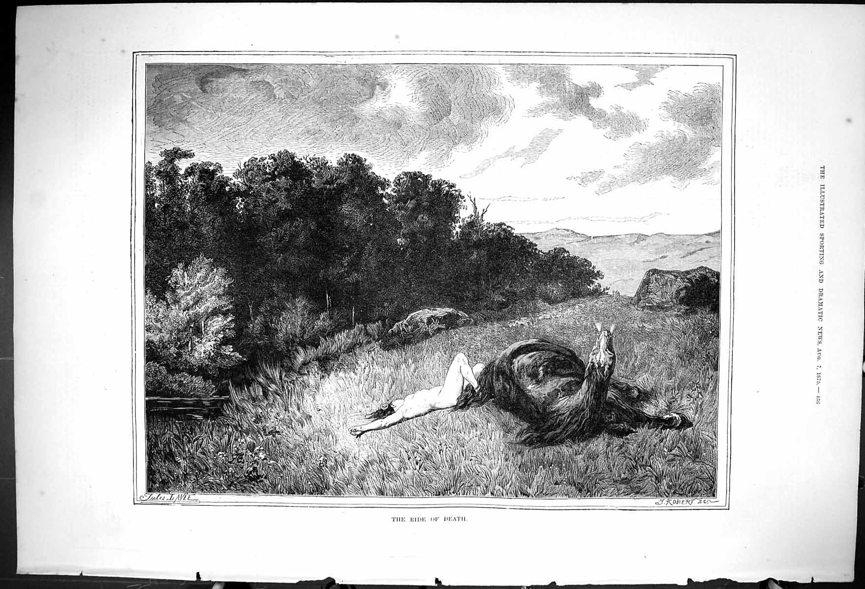 Original Old Antique Print 1875 Ride Death Horse Nude Lady Trees Mountains 19th