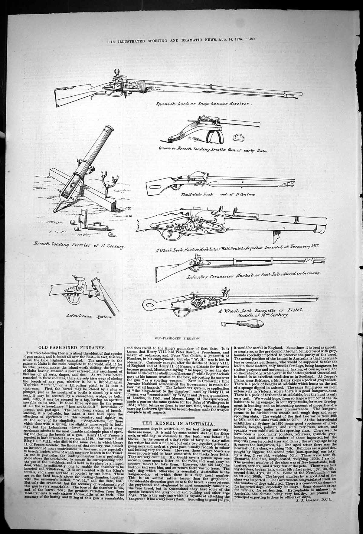 Antique Old Print 1875 Fashioned Firearms Pierrier Quoin Spanish Lock Pistol