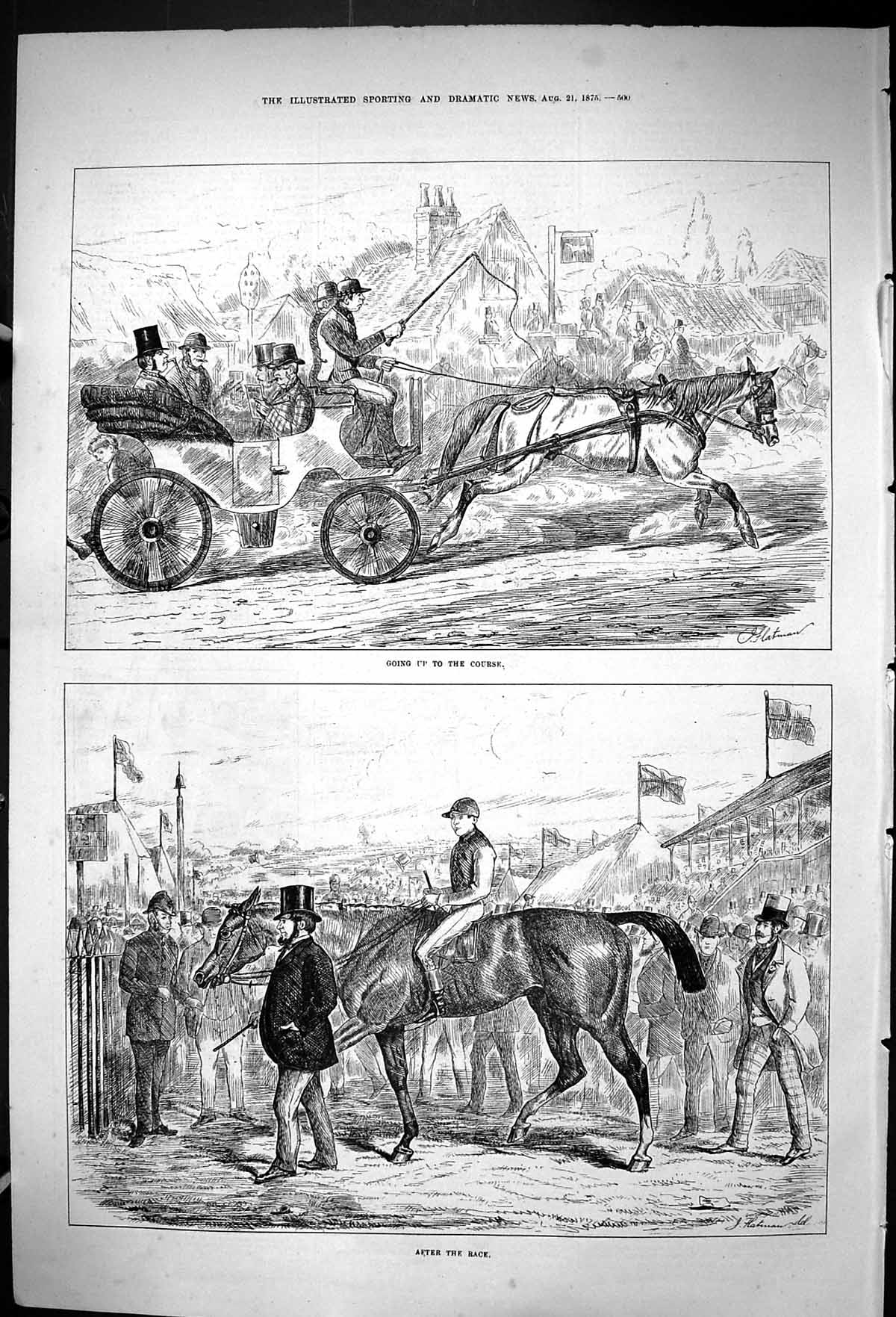 Antique Print 1875 Horses Racing Jockey Sport Transport Carriage Spectators