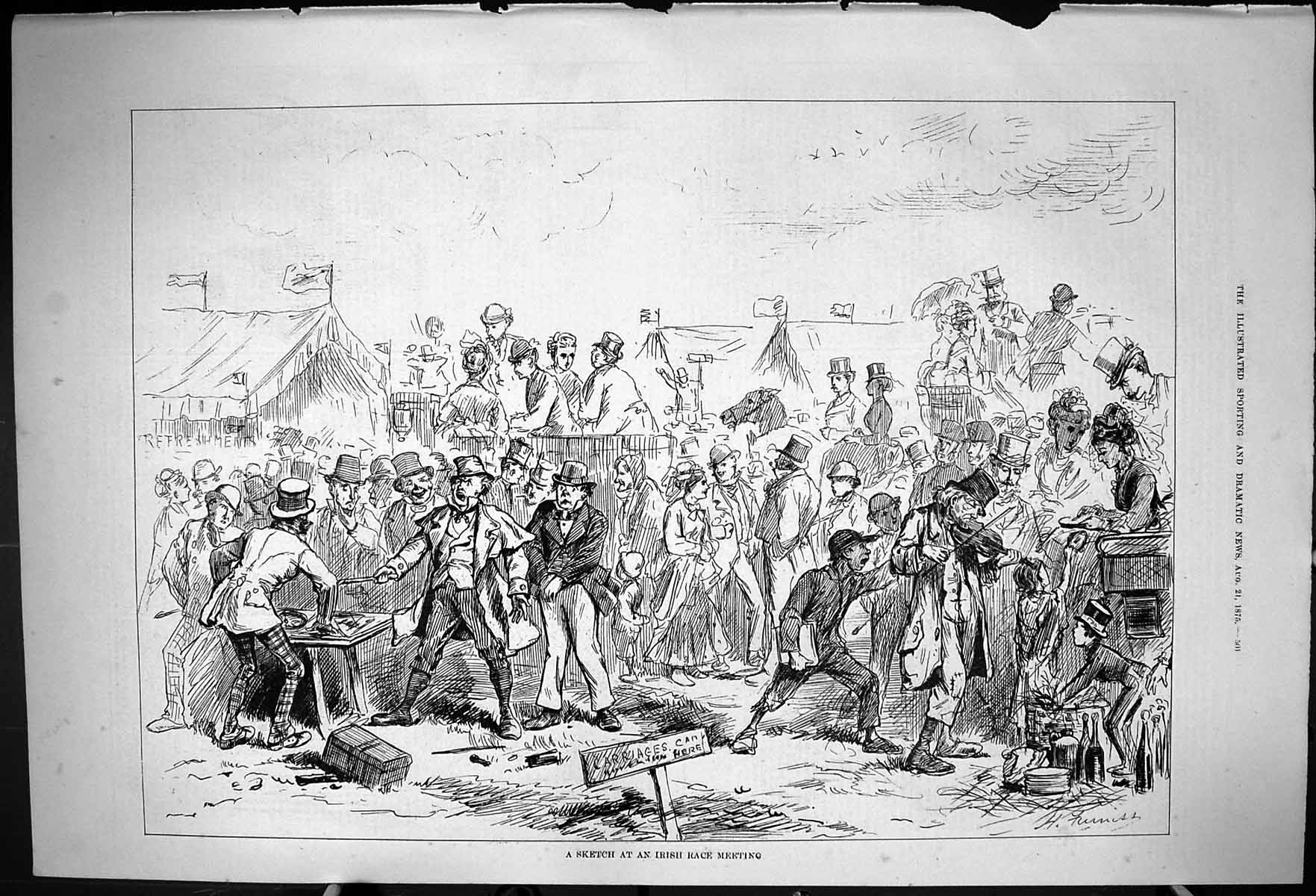 Old Antique Print 1875 Irish Race Meeting Ireland Horses Sport Spectators 19th