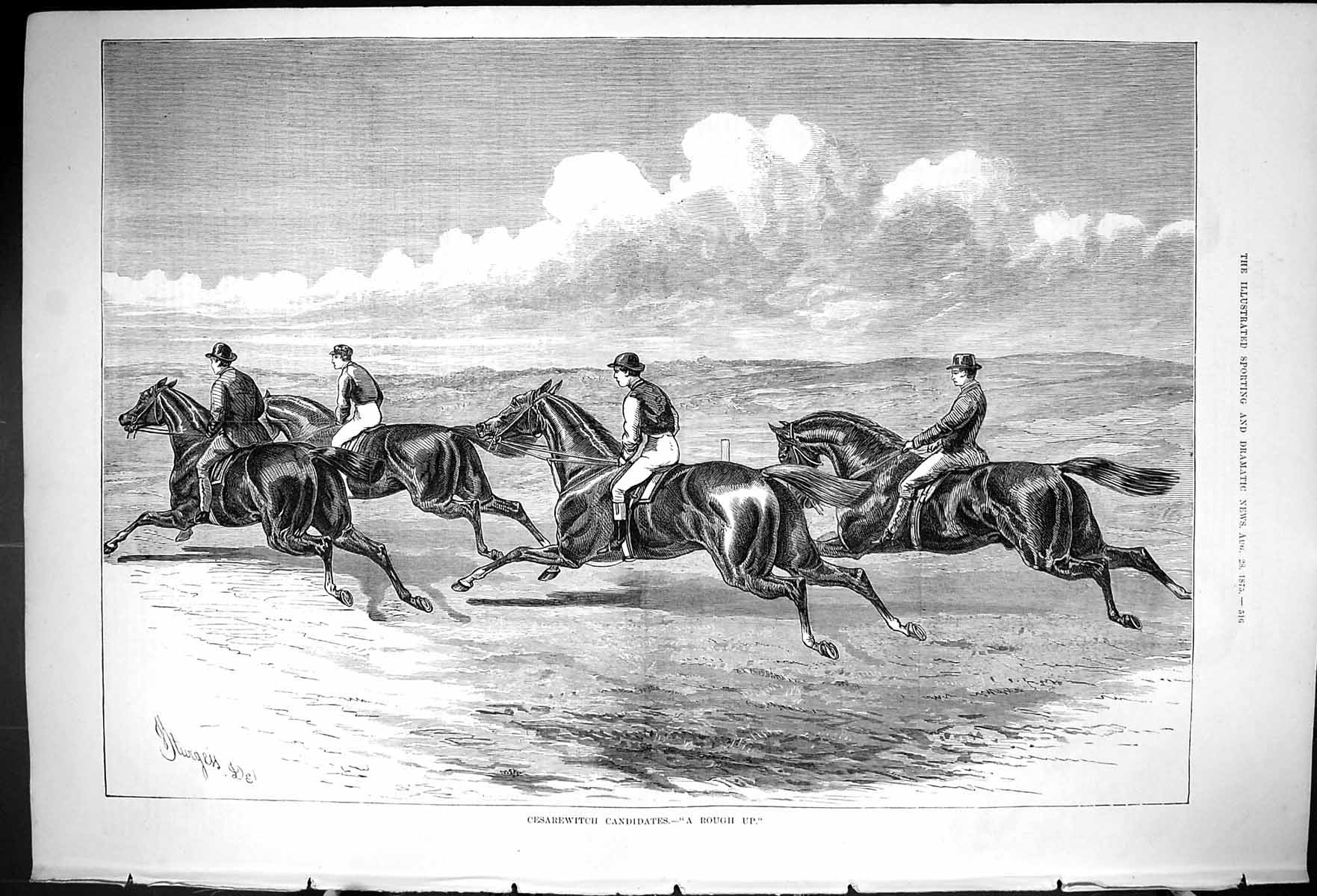 Old Antique Print 1875 Cesarewitch Horses Racing Jockeys Sport Rough Up 19th