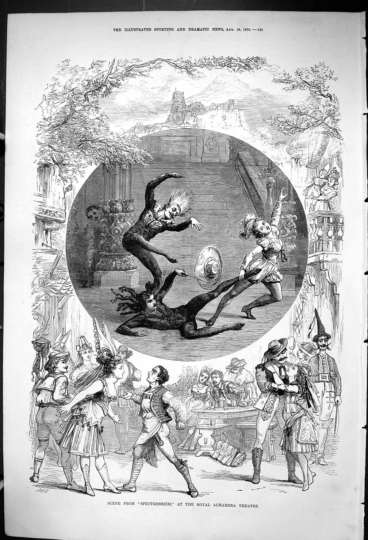 Original Old Antique Print Scene Spectresheim Royal Alhambra Theatre 1875 19th