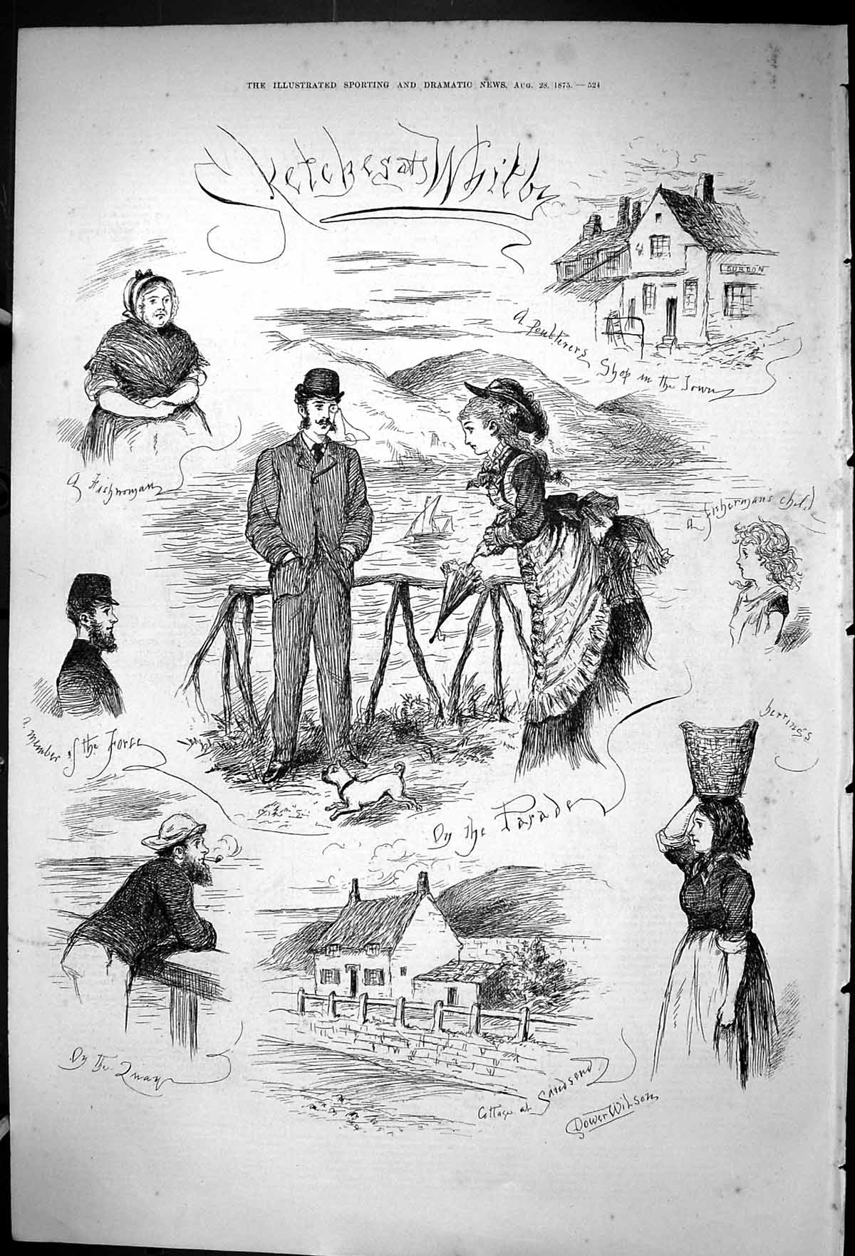 Original Old Antique Print 1875 Sketches Whitby Parade Fisherwoman Cottages