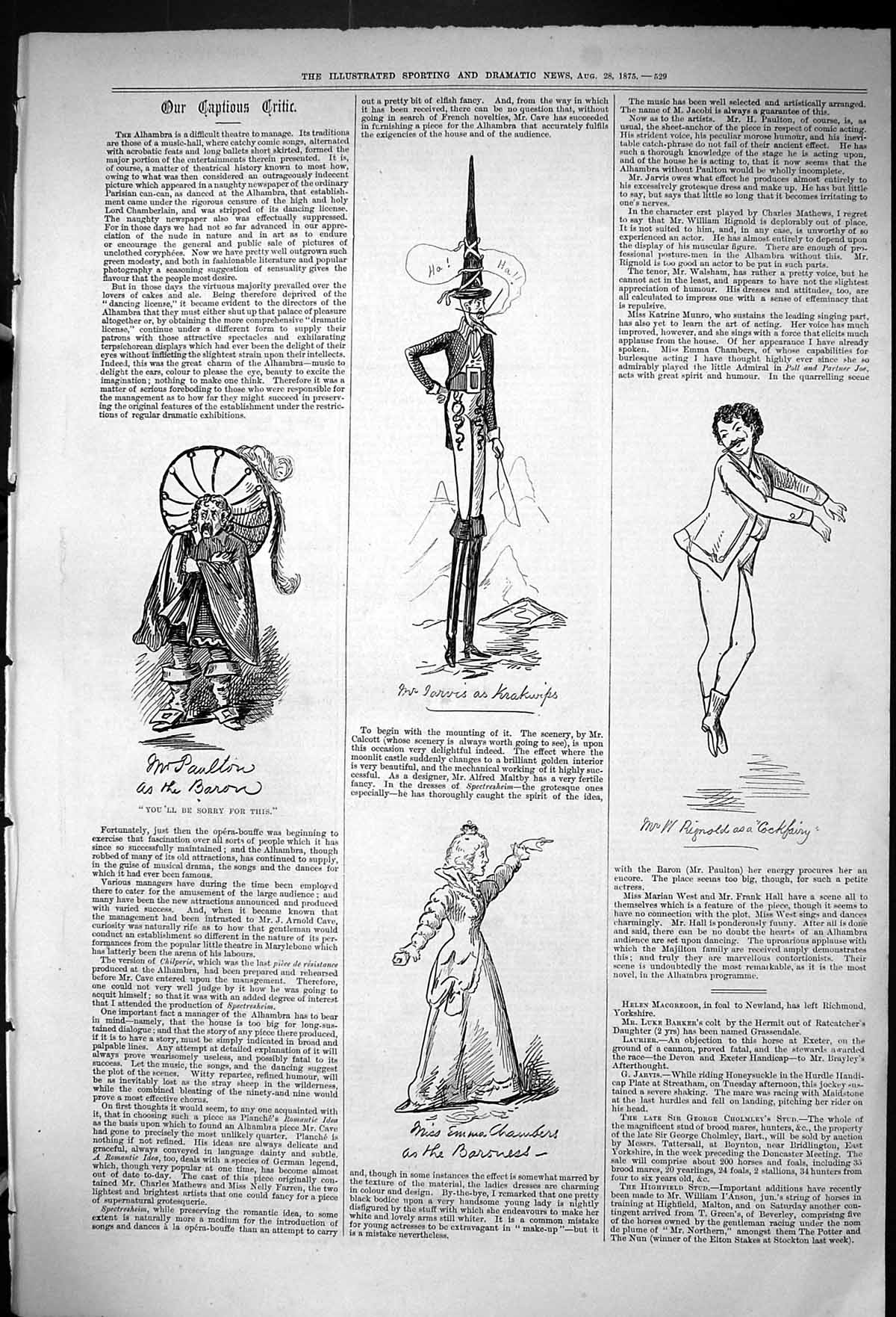 Antique Old Print Theatre Captious Critic Paulton Jarvis RignChambers 1875 19th