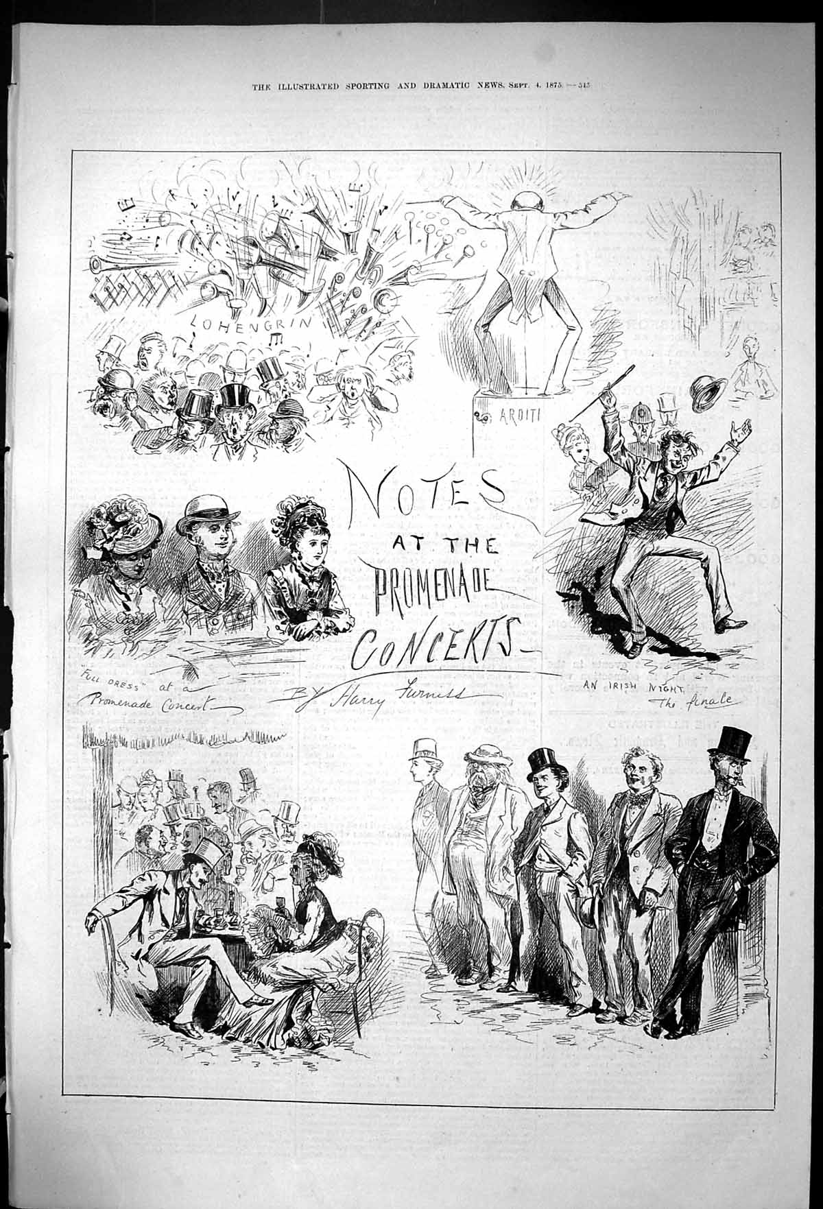 Original Old Antique Print Promenade Concerts Harry Furniss Entertainment 1875